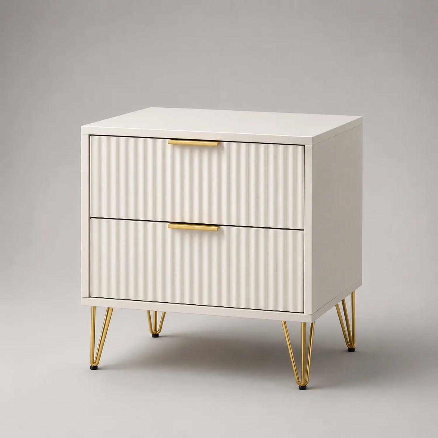 MDF Nachttisch mit 2 Schubladen in Weiß und Metalldetails in Gold