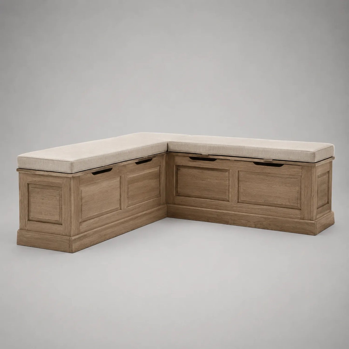 L-förmige Bank mit Holz und Leinenbezug, Beige