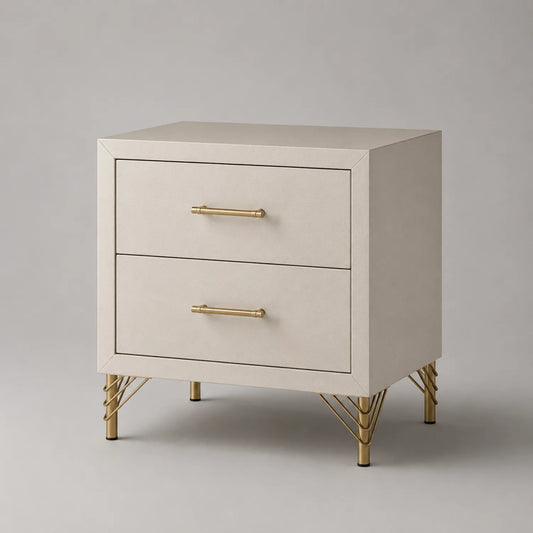 Nachttisch mit zwei Schubladen aus MDF und Metall, Beige, 60 cm hoch