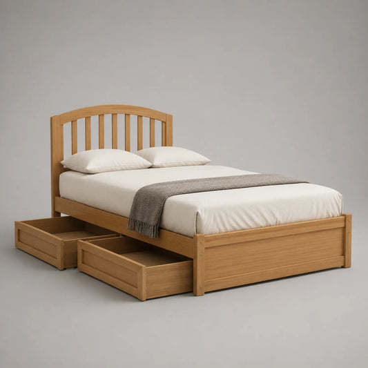 Doppelbett aus Eichenholz mit Schubladen