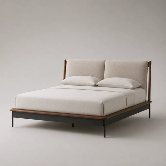 Holz-Metall Bett mit Leinenkopfteil 200x180 cm Beige