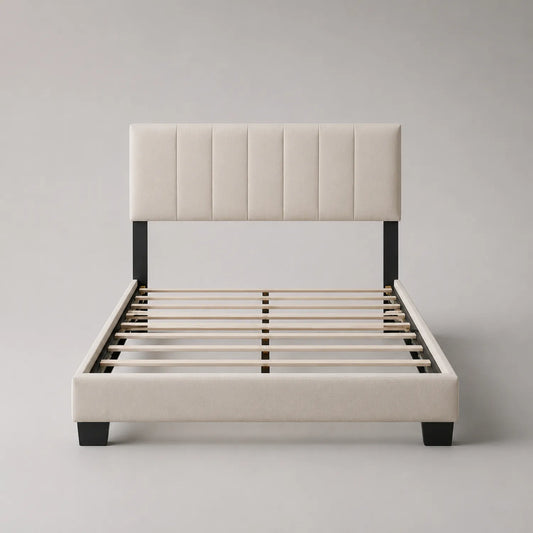 Stoffbett mit Holzrahmen und Stoffkopfteil Beige 200x180 cm