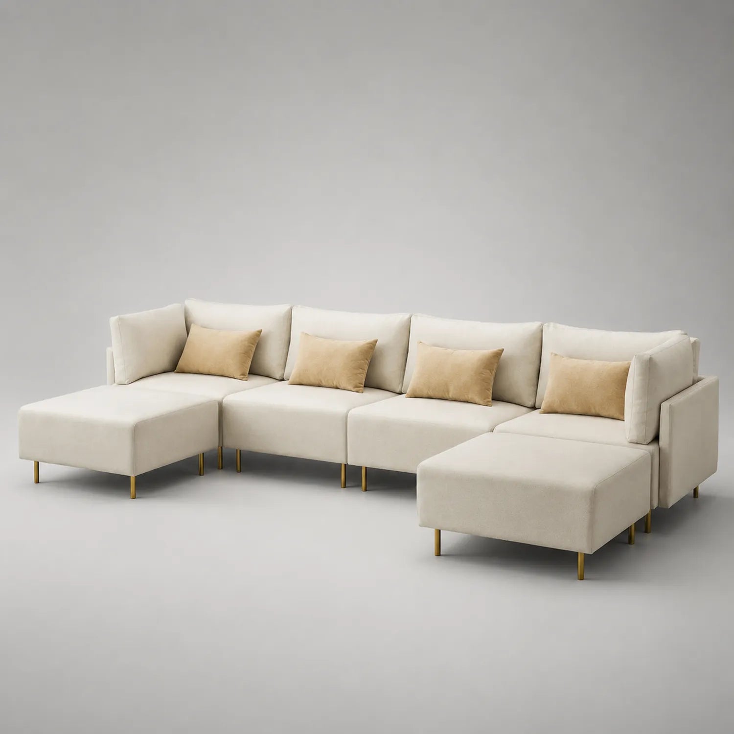 Modulares Stoff-Ecksofa in Creme mit goldenen Metallbeinen