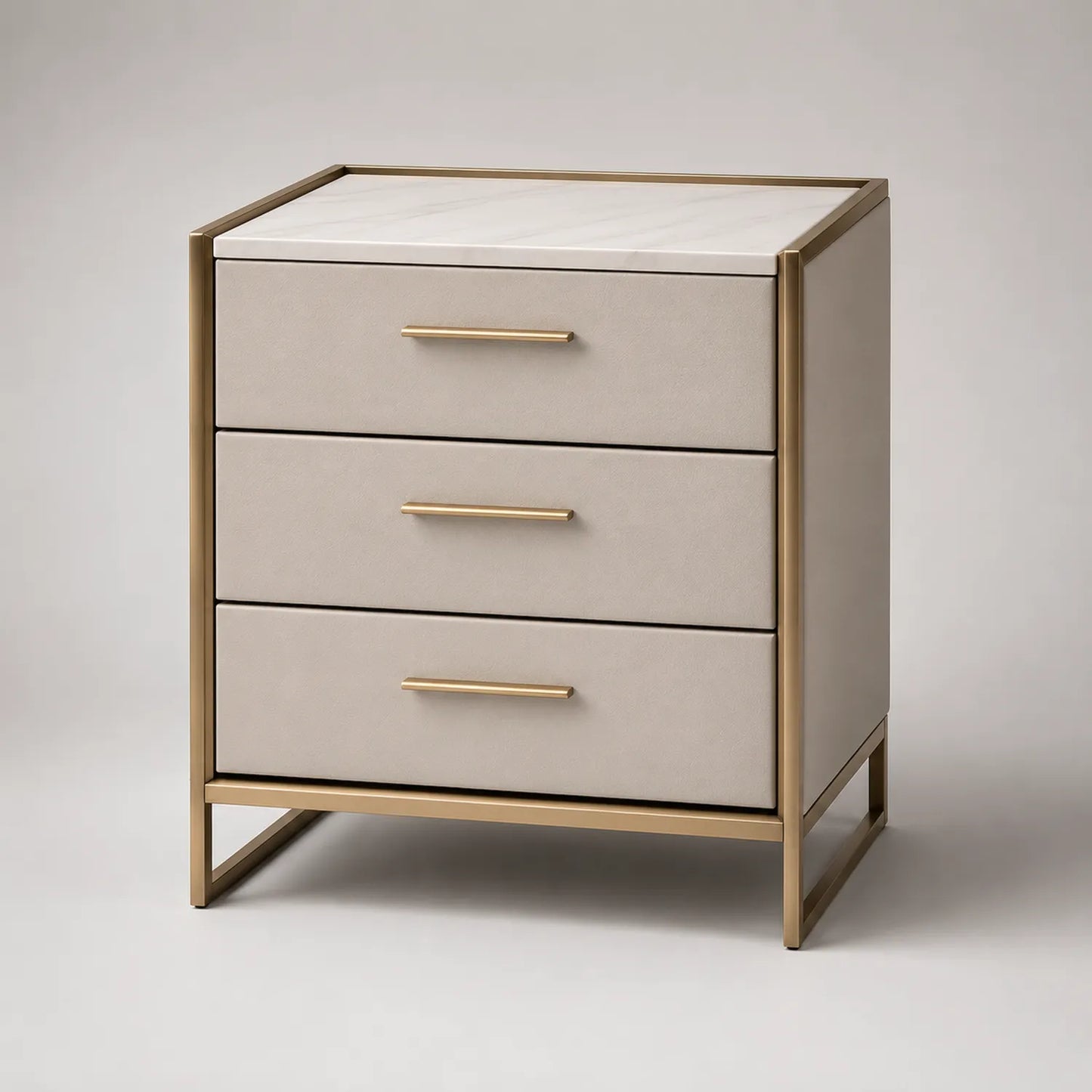 Nachttisch aus Metall und Kunstleder mit Marmorplatte, 60 cm Beige/Gold