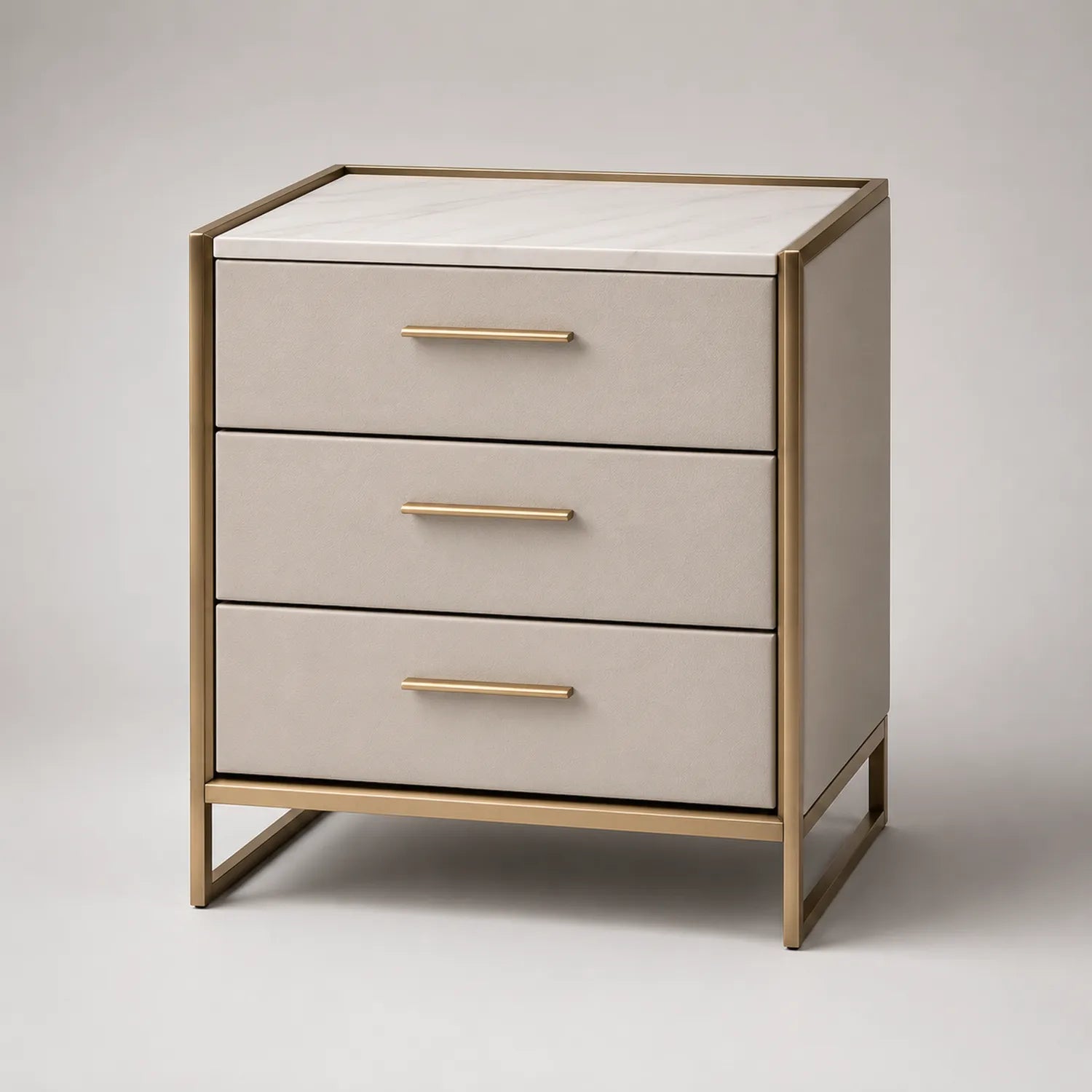 Nachttisch aus Metall und Kunstleder mit Marmorplatte, 60 cm Beige/Gold