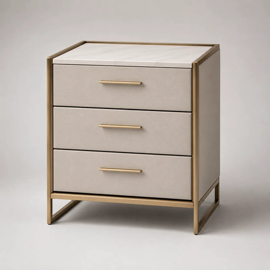 Nachttisch aus Metall und Kunstleder mit Marmorplatte, 60 cm Beige/Gold