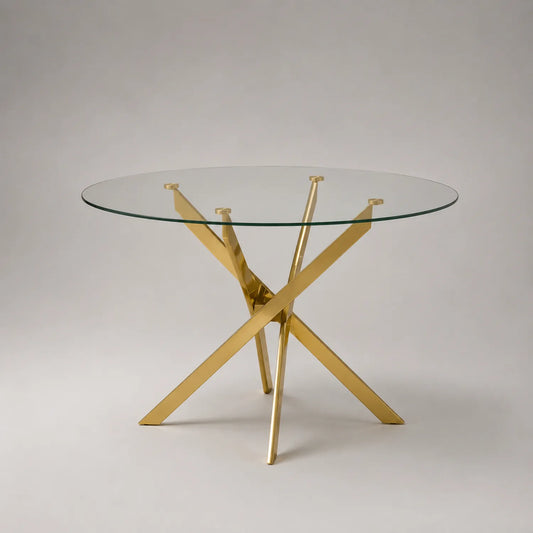 Runder Esstisch aus Glas und Metall, klar und golden