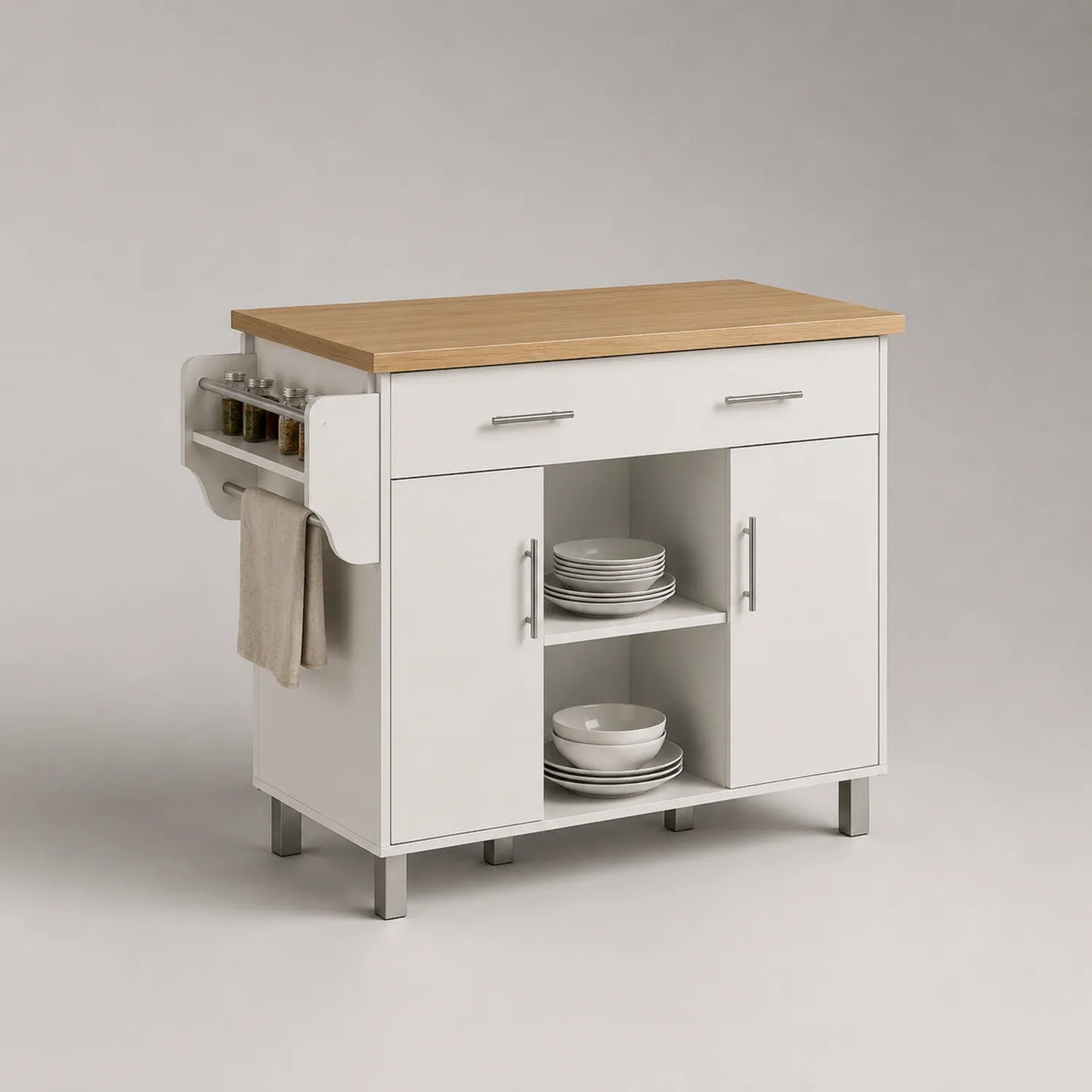 Küchenwagen aus Holz und MDF mit Schublade und Türen, Weiß/Eiche