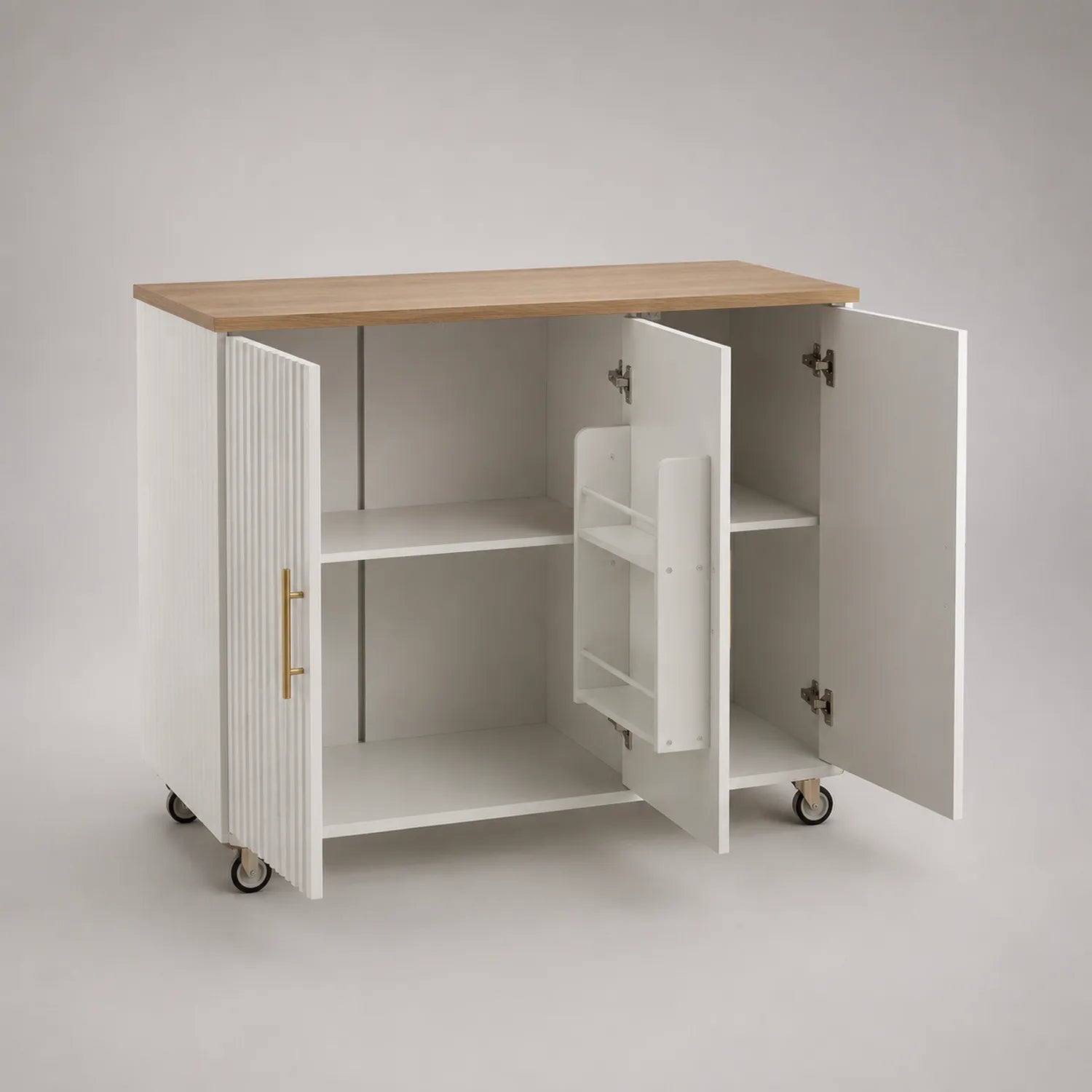 Küchenschrank mit Holzplatte und Rollen Weiß