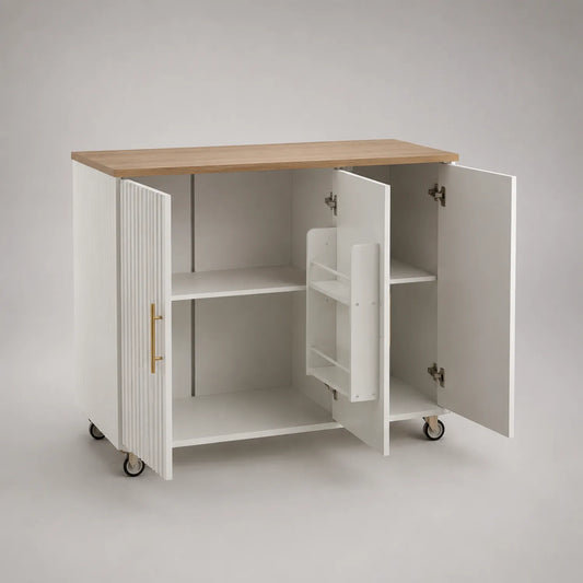 Küchenschrank mit Holzplatte und Rollen Weiß