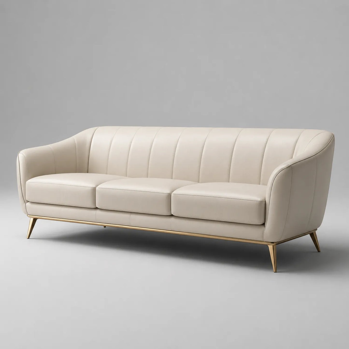 3-Sitzer Sofa Echtleder Beige mit Goldene Metallbeine 220cm