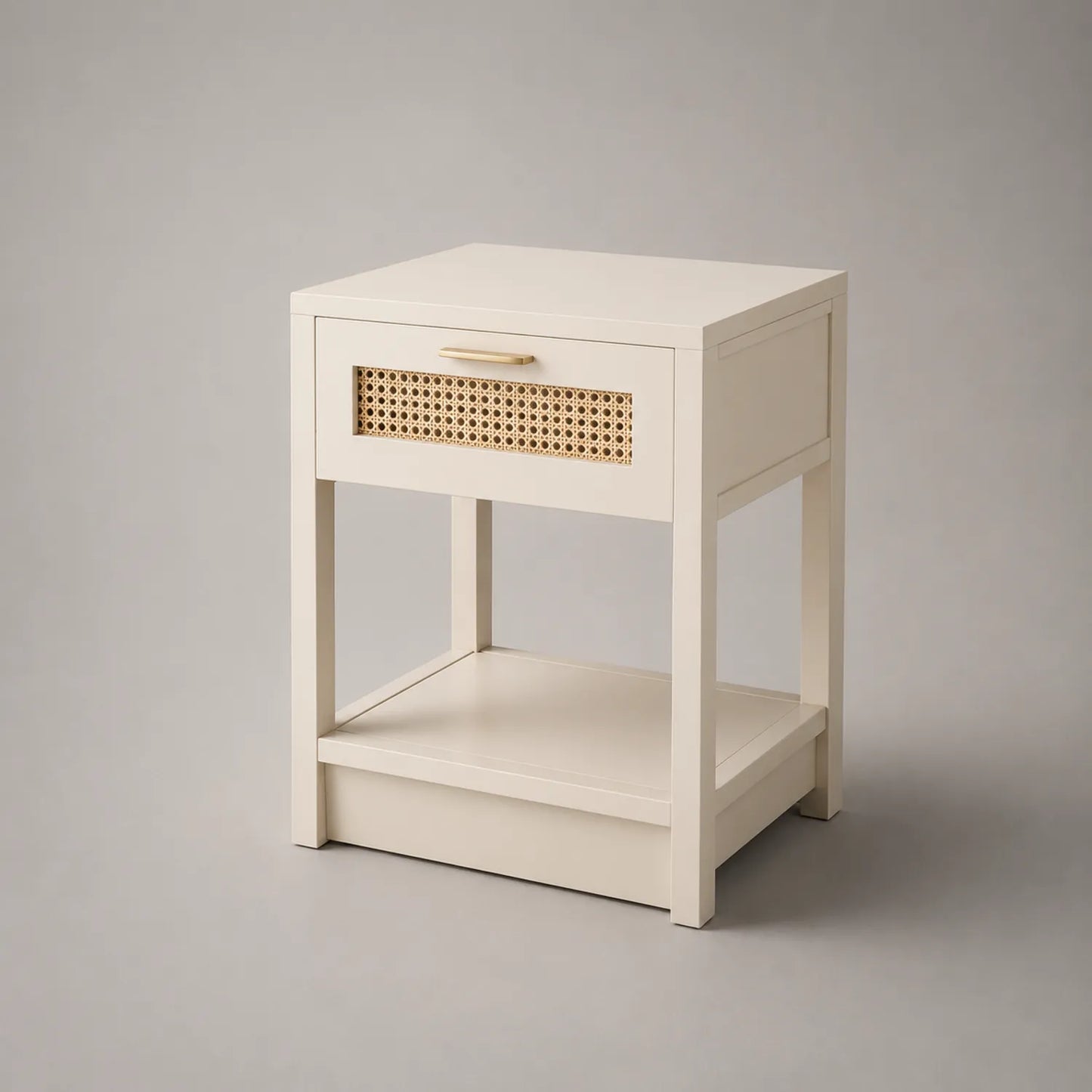 Holz-Nachttisch mit Rattandetail in Creme 45x35x60 cm