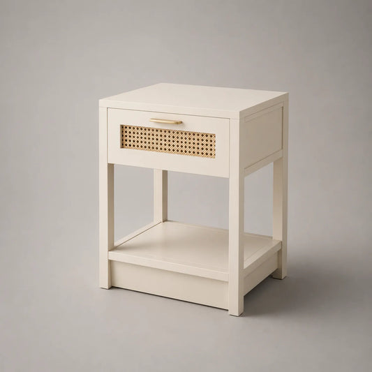Holz-Nachttisch mit Rattandetail in Creme 45x35x60 cm