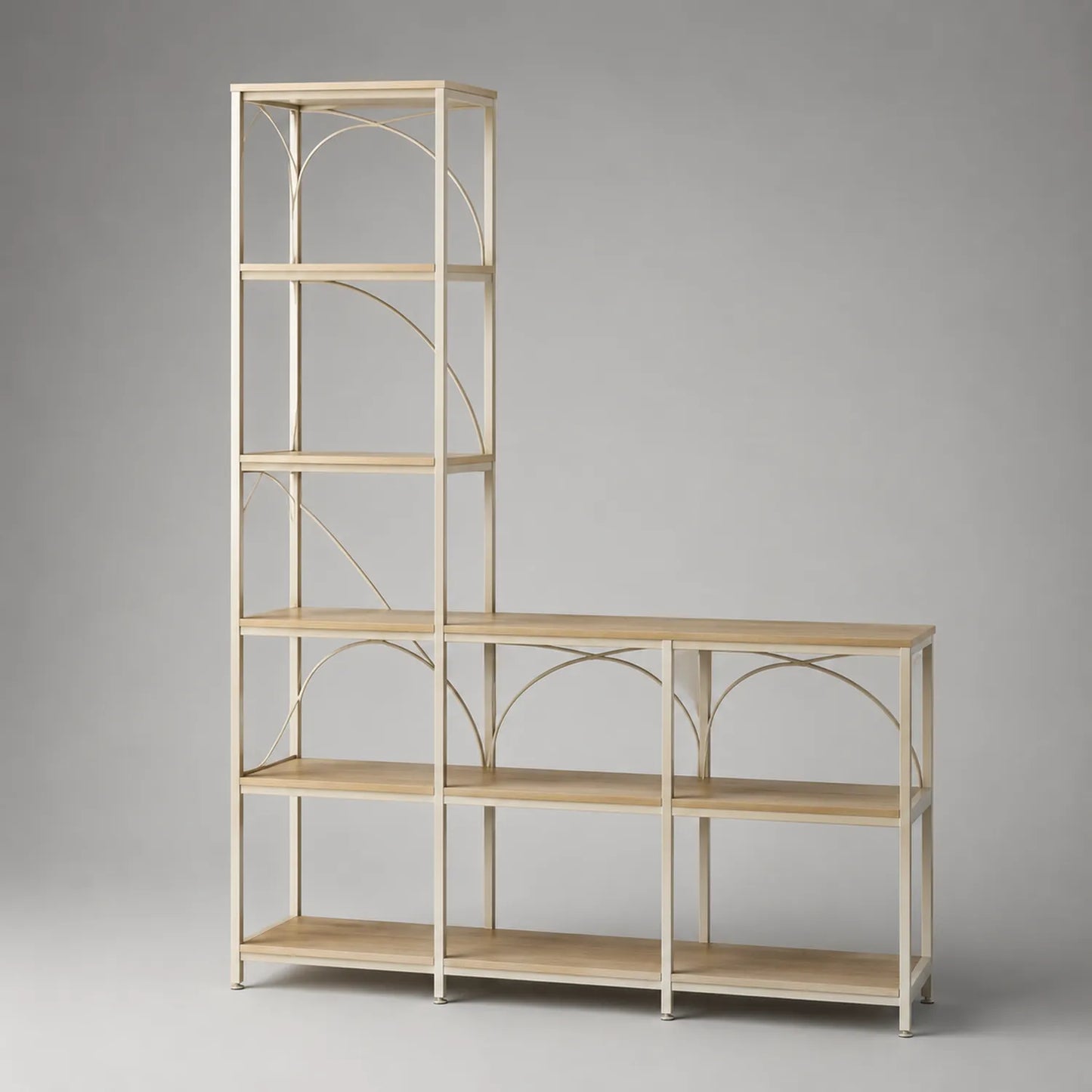L-förmiges Regal aus Stahl und MDF mit Eichenfurnier, Beige, 200 x 160 x 35 cm