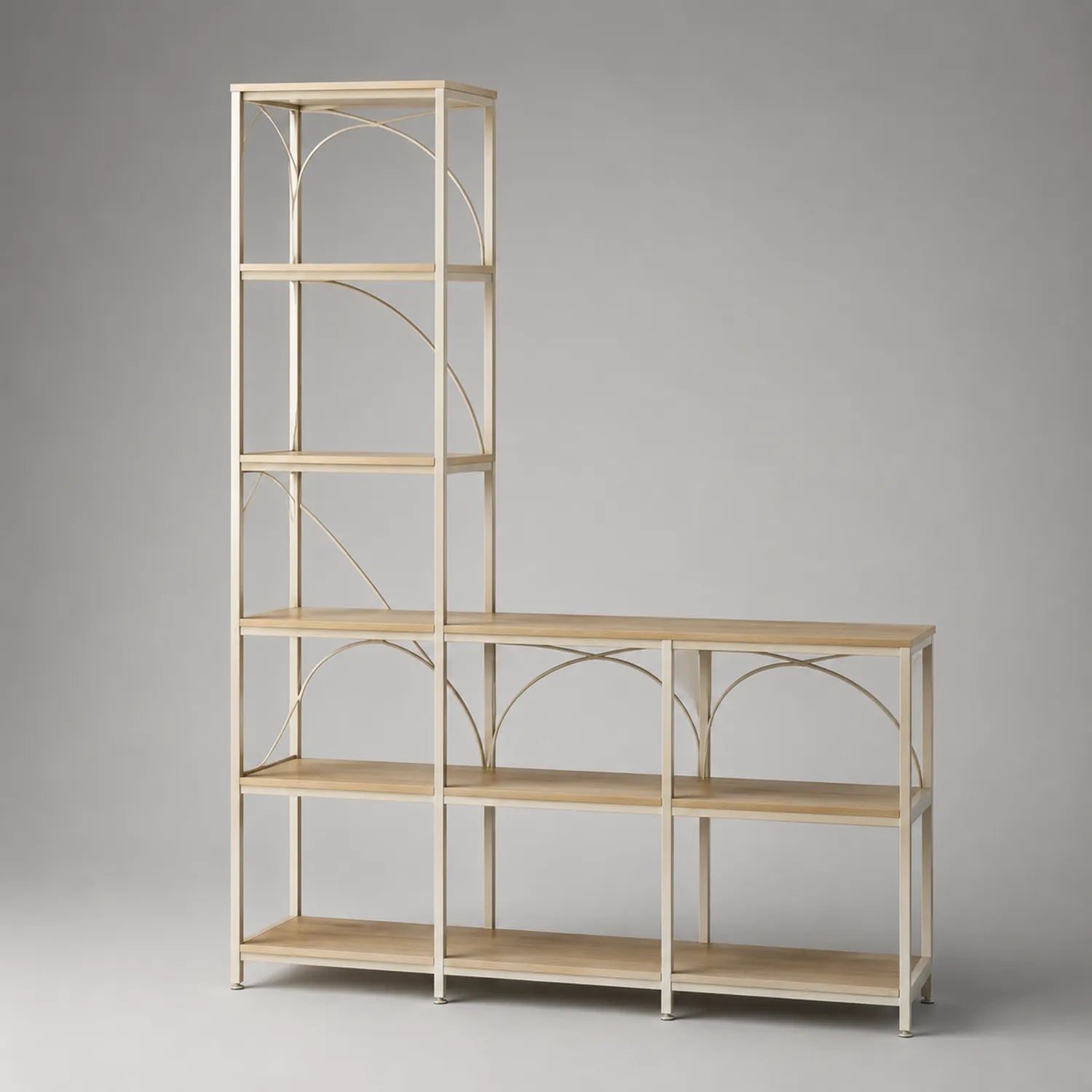 L-förmiges Regal aus Stahl und MDF mit Eichenfurnier, Beige, 200 x 160 x 35 cm