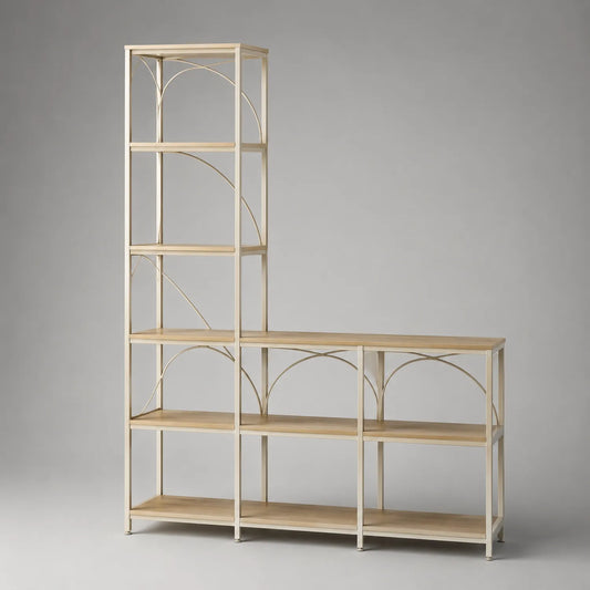 L-förmiges Regal aus Stahl und MDF mit Eichenfurnier, Beige, 200 x 160 x 35 cm